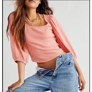 Free People Day Lily Puff Sleeve Blouse Coral Terracotta Cotton Blend XS
